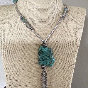 Turquoise Blue and Silver Beaded Tassel Necklace with Pendant (33")